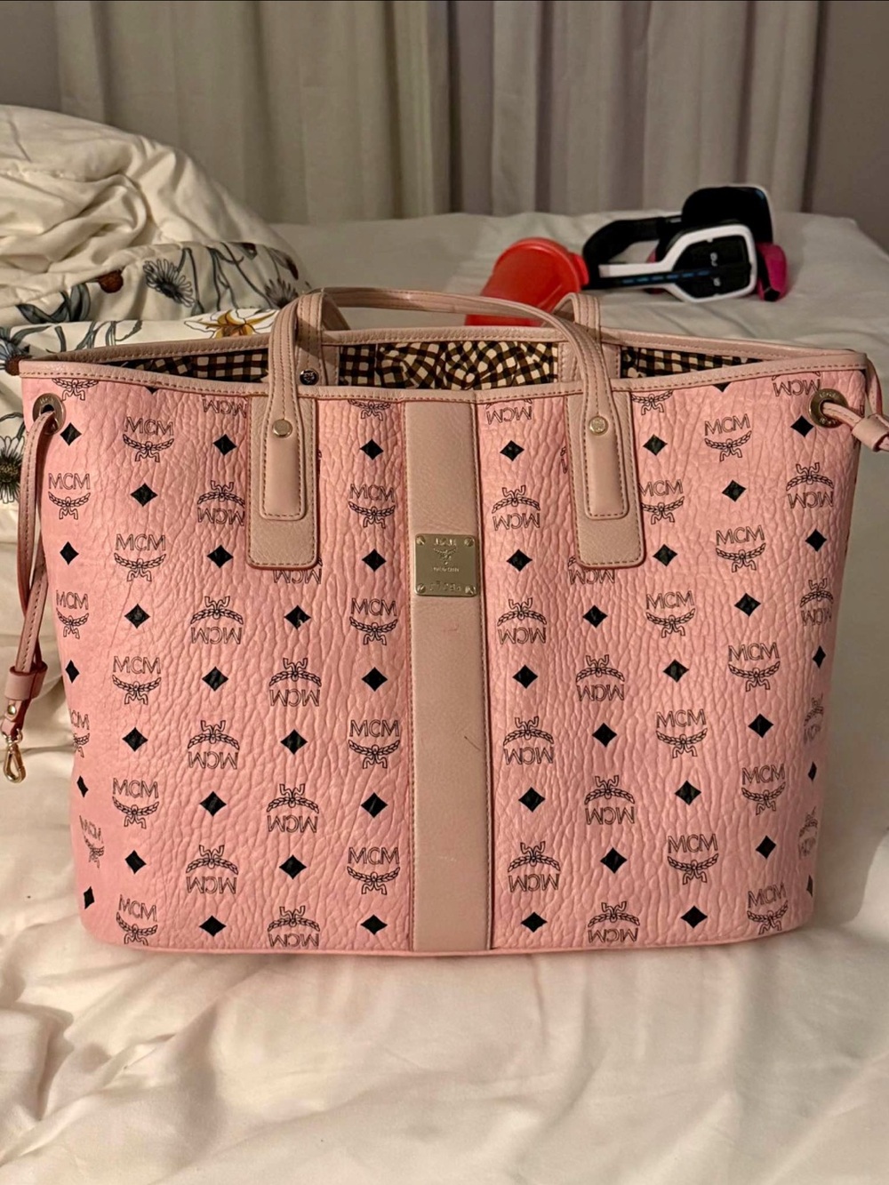 MCM Pink Monogram Canvas Tote with Gold Plate